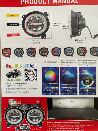 Headlights "9" RGB 'DIAMOND' for Wrangler JL / JLU with DRL (App Controlled) A+ LED