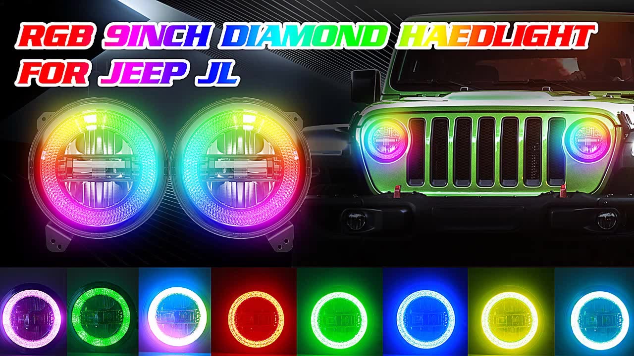 Headlights "9" RGB 'DIAMOND' for Wrangler JL / JLU with DRL (App Controlled) A+ LED
