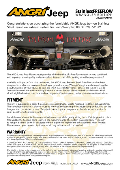Free-Flow Stainless Steel Single Pipe Exhaust for Wrangler JK JKU (FULLY FITTED - CAPE TOWN ONLY)