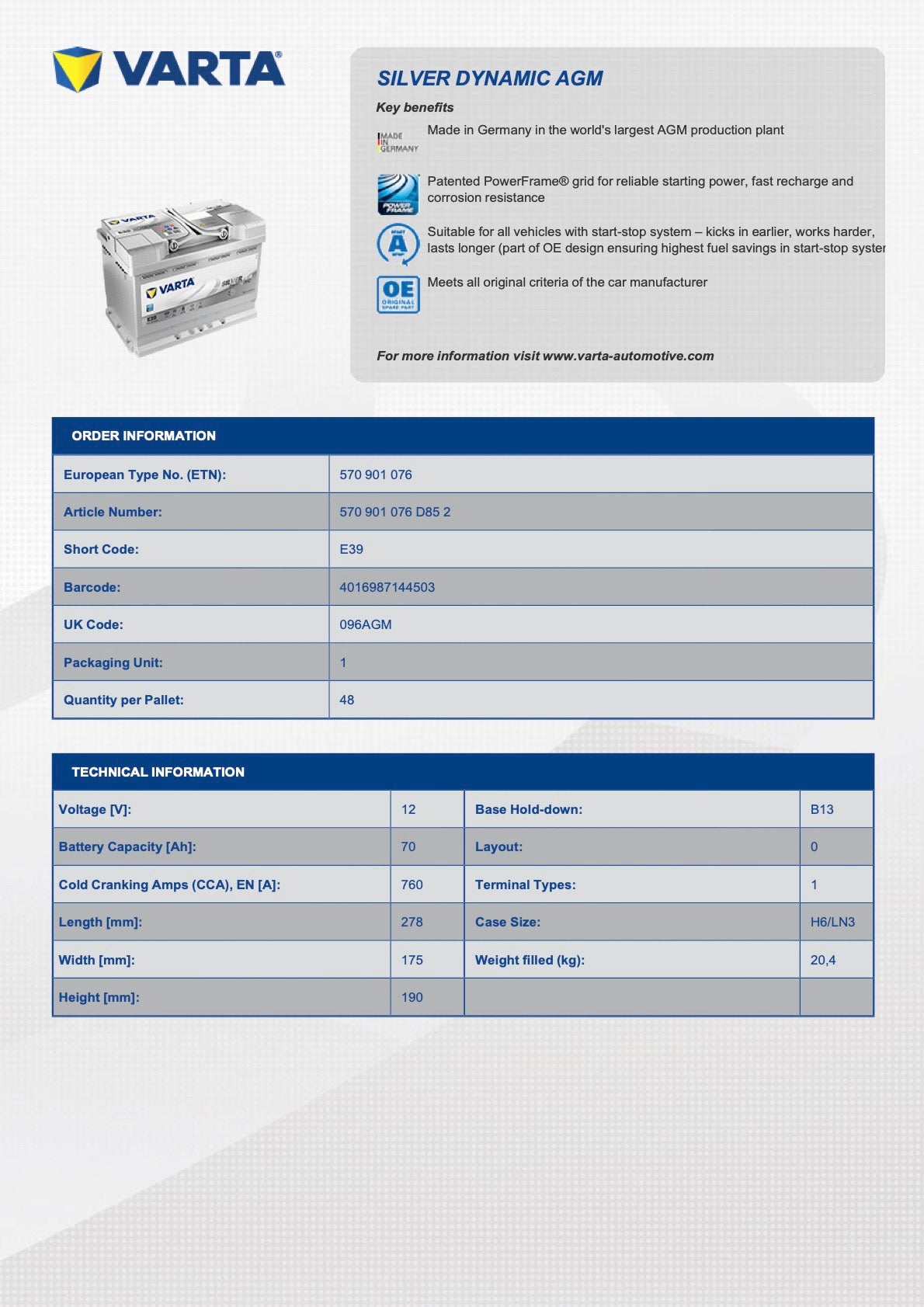 VARTA Silver Dynamic AGM - for Jeep Wrangler JK JKU (2012-2018) 652/E39 Premium Replacement Battery