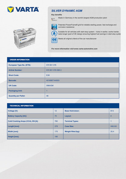 VARTA Silver Dynamic AGM - for Jeep Wrangler JK JKU (2012-2018) 652/E39 Premium Replacement Battery